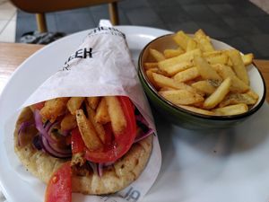 Vegan chicken souvlaki (April 2023) at The Real Greek in Manchester