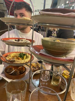 Vegan meat balls, hummus, rice, salad  at The Real Greek in Manchester