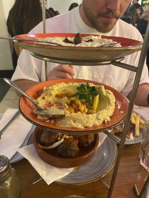 Vegan meat balls, hummus, rice, salad  at The Real Greek in Manchester