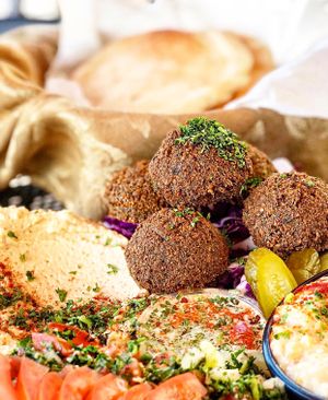 Falafel hummus baba ghanouj and tabouli at Kareem's in Anaheim