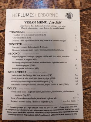 Vegan menu at The Plume Of Feathers in Sherborne