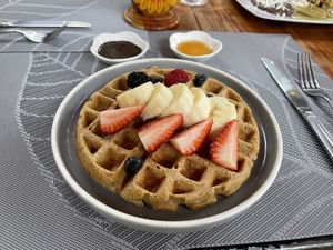 Vegan waffles (remember to omit honey! 🤦‍♀️ )  at La Tradición in Palenque