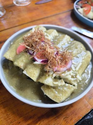 Vegan enchiladas at La Tradición in Palenque