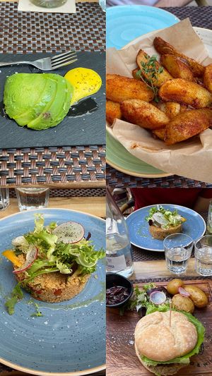 Una tapa de cortesía para nosotros, patatas bravas sin mayonesa, ensalada de seitán y quinoa y hamburguesa de tofu y quinoa   at La Bottega in Nerja