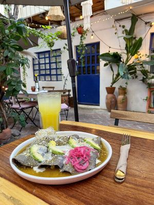 Enchiladas verdes con queso y crema de almendra   at Hierba Santa in Tuxtla Gutierrez