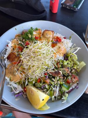 Grilled tofu with rice, salad and satay sauce.  at The Feast Cafe in Nimbin
