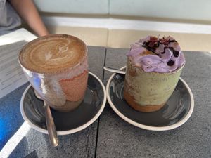 Biscoff chai latte on the left, gingerbread hot choc on the right  at The Cardamom Pod in Southport