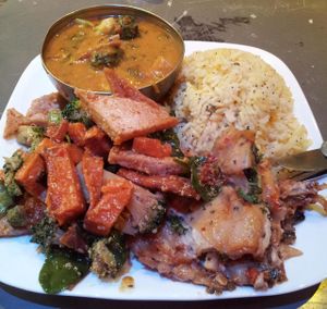 rice plus vegan lasagne, tofu and broccoli salad, and pumpkin curry at The Cardamom Pod in Southport