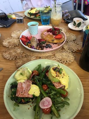 Avo benny (front) Pancakes (middle) at The Cardamom Pod in Southport