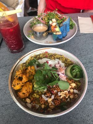 Yogi protein bowl & unicorn summer rice rolls. at The Cardamom Pod in Southport