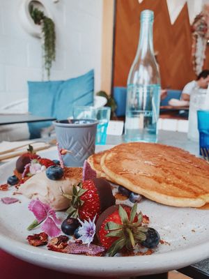 Pumpkin spice pancakes! All vegan menu and delicious! at The Cardamom Pod in Southport