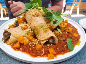 A delicious mushroom enchilada with well-rounded flavours that melt in your mouth; a very cosy and warming dish for a chilly Winter's morning. at The Cardamom Pod in Southport