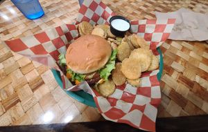 This is the double beyond burger with fried pickles on the side. Super good with the homemade vegan ranch! at Mid City Grill in Kingsport