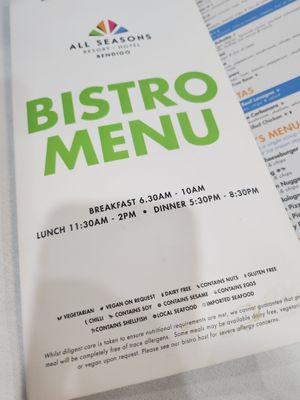 Menu may 2026 at All Seasons Hotel in Bendigo