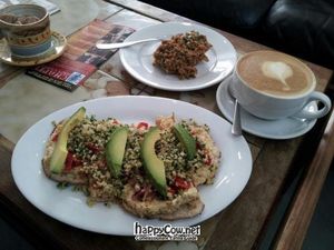 Vegan version of the mediterranean flat bread. at Chapel Arts Cafe in Bath