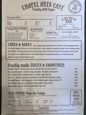 Menu at Chapel Arts Cafe in Bath