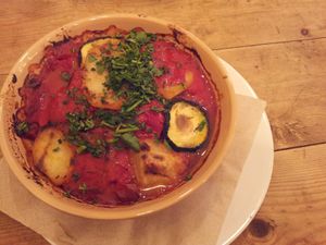 Tumblet (Spanish stew with aubergene tomatoes and red pepper and potatoes). at Chapel Arts Cafe in Bath