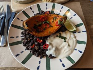 Pumpkin with coco yoghurt and beans at Uferlos in Stein Am Rhein