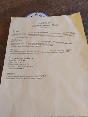 Full Vegan/Veggie menu at The Anchor Inn in Tideswell