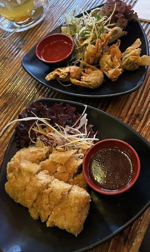 Oben: fritt. Wantans mit süß-sauerem Dip // unten: frittierter Tofu  at Best Friends in Wurzburg