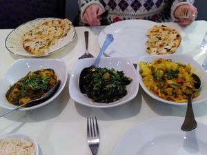 Our three dishes - spinach and vegetables (Apr 2022) at Indian Ocean in York