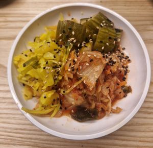 mixed pickles: pickled kimchi, pineapple and cucumber at Yo! Sushi - Trafford in Manchester