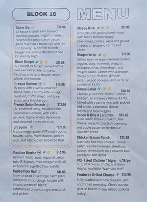 Menu as of December 2026 at BLOCK 16 in Omaha