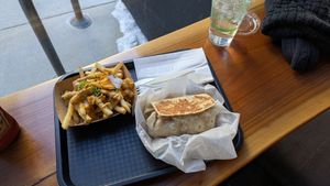 Vegan Poutine Burrito and vegan Dragon Fries at BLOCK 16 in Omaha