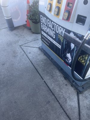 End factory farming labels on all the pumps   at Hangry Planet in San Bruno