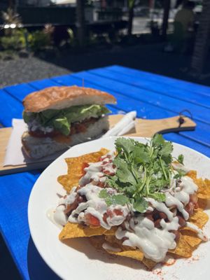 Vege nachos (no cheese) & the falafel sammie (it’s huge!)  at Flying Turtle Cafe in Rarotonga