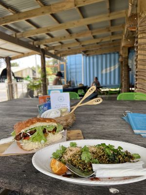 Falafel sammie and toasted coconut fried rice   at Flying Turtle Cafe in Rarotonga