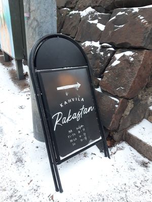 Outdoor sign at Kahvila Rakastan in Helsinki