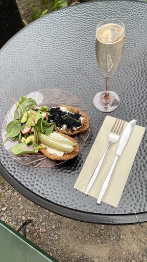Carelian pies and Rhubarbra sparkling dry  at Kahvila Rakastan in Helsinki