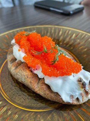 Pastry with cream cheese and caviar at Kahvila Rakastan in Helsinki