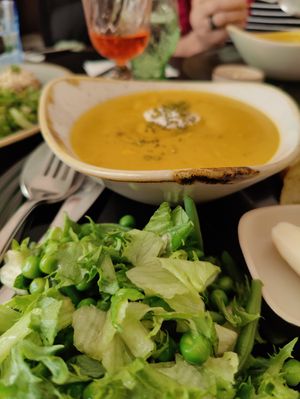 Roasted vegetable Soup & salad for lunch with home made bread at Kahvila Rakastan in Helsinki