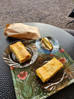 Cabbage pasty and Karelian pie with a quark, potato (?) and pickles filling. Reminded me of a dish from the region Spreewald in Germany. at Kahvila Rakastan in Helsinki