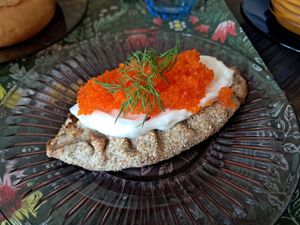 Barley pie with seaweed roe at Kahvila Rakastan in Helsinki