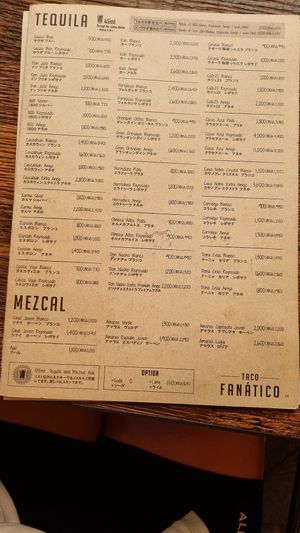Tequila and mezcal menu at TACO FANATICO in Nagoya