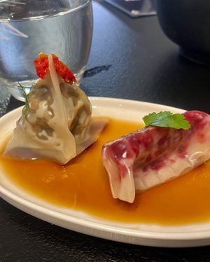 Vegan gyoza - with mushrooms and with beetroot  at Koral Bistro in Pezinok