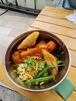 Rice noodles with Gourd Fritters at Burmese Vegan in Bangkok