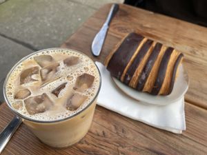 Iced latte and pain au chocolat  at CBCB & ODFUB in Brunswick