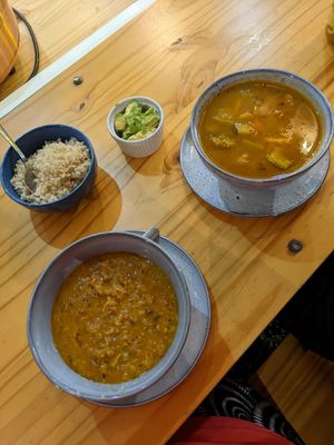 Left is sopa yogi, right is sopa de vegetales. Came with additional rice and avocados at Sopitas in San Jose
