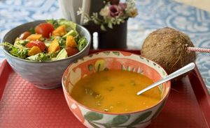 Crema de Pejibaye with salad  at Sopitas in San Jose