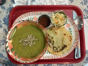 Combo with cream of zucchini soup and a pupusa 😋  at Sopitas in San Jose