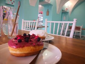 forest fruit and coconut donuts at La Donuteria in Zilina