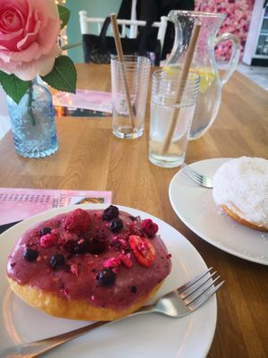 forest fruit and coconut donuts at La Donuteria in Zilina