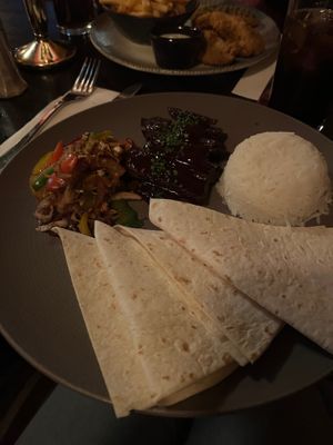 Vegan Hoisin Seitan Duck with rice and veg at Mary's Bar in Magherafelt