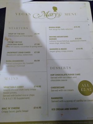 Separate vegan menu at Mary's Bar in Magherafelt