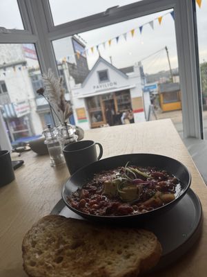 Vegan shakshuka and oat latte  at Fore Street Café Bar in Newquay