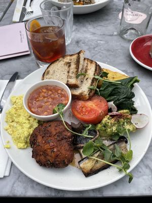 Vegan full English with tofu scramble and sweet potato fritters  at Grind - Greenwich in South East London